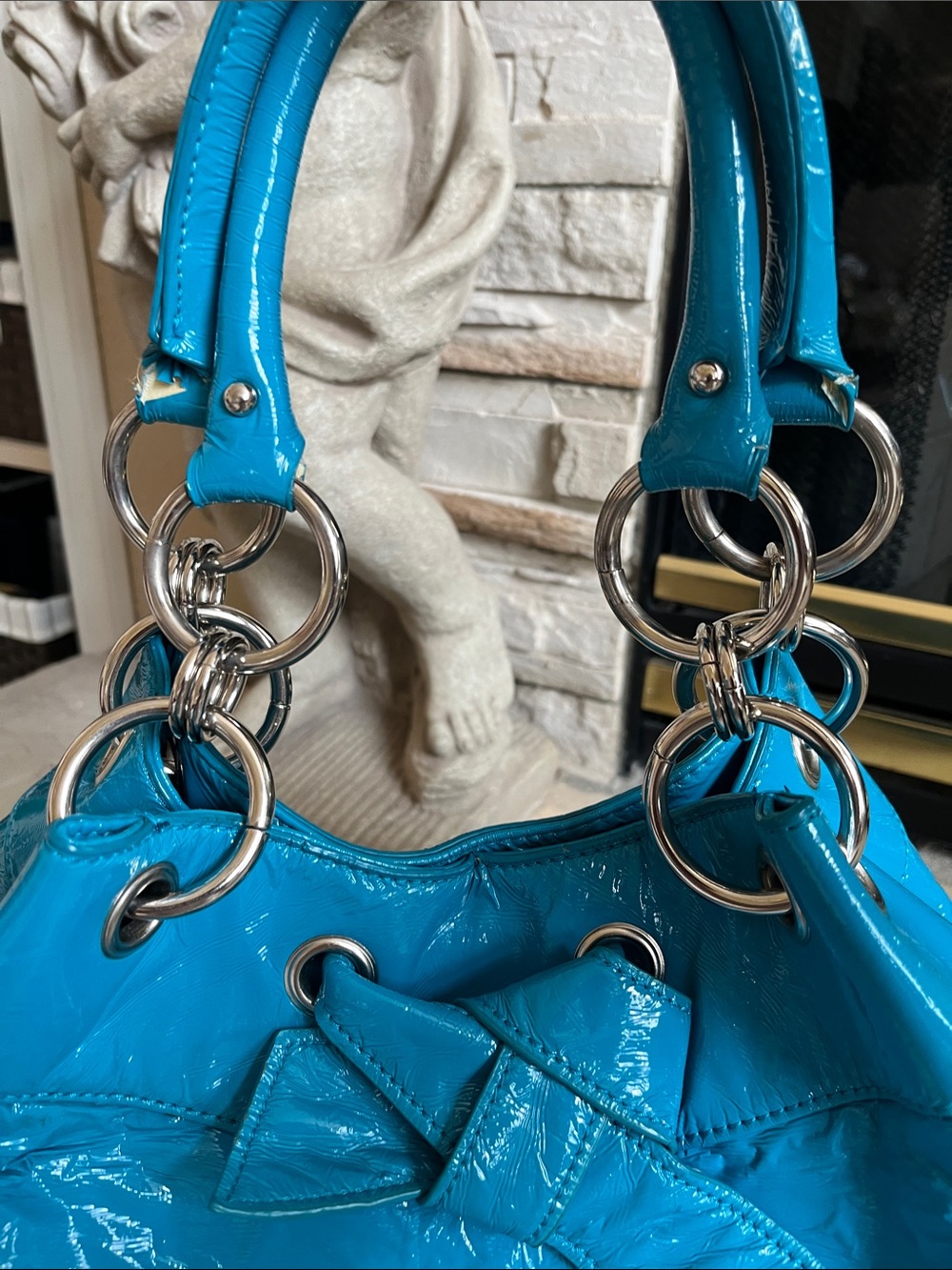 Bisou Bisou Shiny Turquoise Patent Shoulder Bag with Silver Hardware - Picture 5 of 7